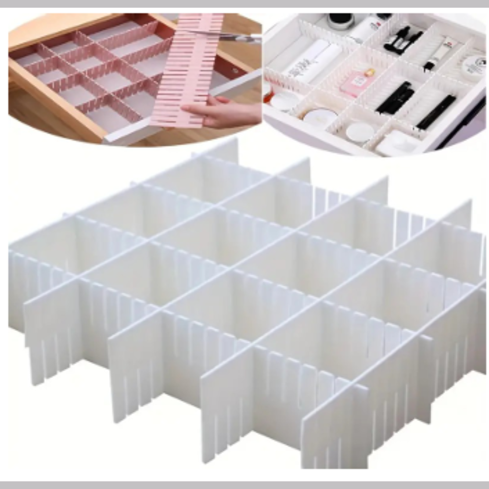 Adjustable Drawer Divider Organizer – Expandable Grid Separator for Kitchen, Office, Makeup & Wardrobe Storage (Plastic, DIY Customizable)