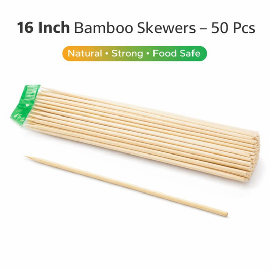 16 Inch Bamboo Skewers (50 Pcs) | Extra Long 40cm BBQ Sticks | 5mm Thick Wooden Sticks for Paneer Tikka, Soya Chaap, Kebabs, Fruits & Party Serving
