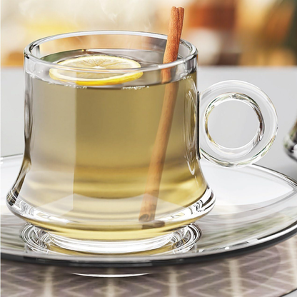 Premium Clear Glass Tea & Coffee Cup with Saucer | Heat-Resistant Borosilicate Glass Mug for Tea, Coffee, Cappuccino & Herbal Drinks (Set of 6 Cup & Saucers)