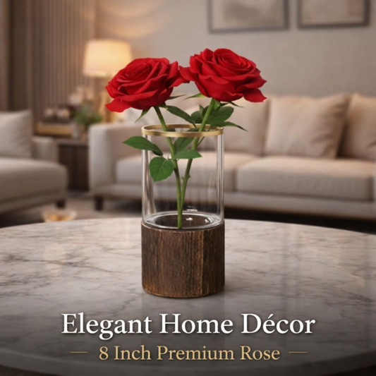 Premium Artificial Red Rose with Glass Vase & Wooden Base – 8 Inch Elegant Home Décor Showpiece for Living Room, Office & Gifting