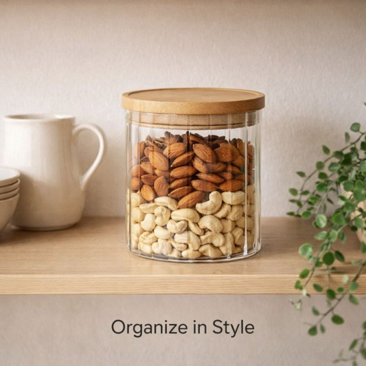 Aesthetic Ribbed Glass Storage Jar 1 PCS with Airtight Natural Wood Lid – Modern Fluted Pantry Canister for Cookies, Nuts, and Kitchen Organization.