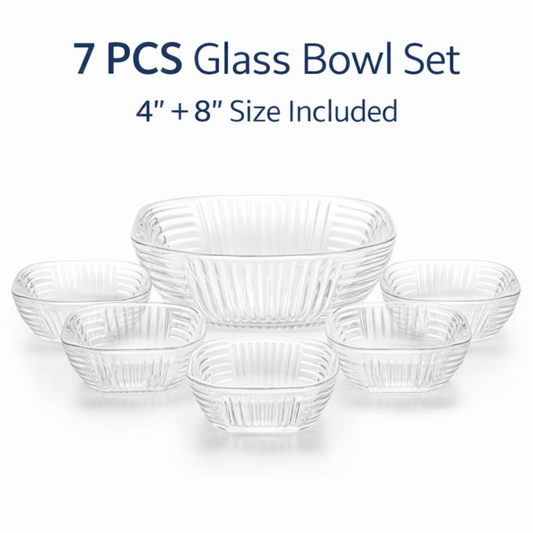 7 PCS Premium Glass Bowl Set (1 Large 8 Inch + 6 Small 4 Inch) | Clear Transparent Serving Bowls for Snacks, Dessert, Fruits & Kitchen Use | Stackable & Easy to Clean