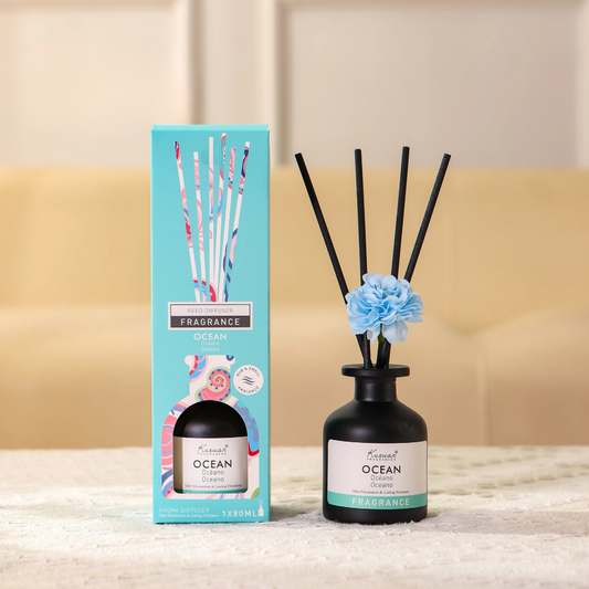 Ocean Reed Diffuser Set for Home Fragrance – Aroma Diffuser Bottle with 4 Reed Sticks & Sola Flower | Long Lasting Air Freshener for Bedroom, Living Room & Office (80ml)