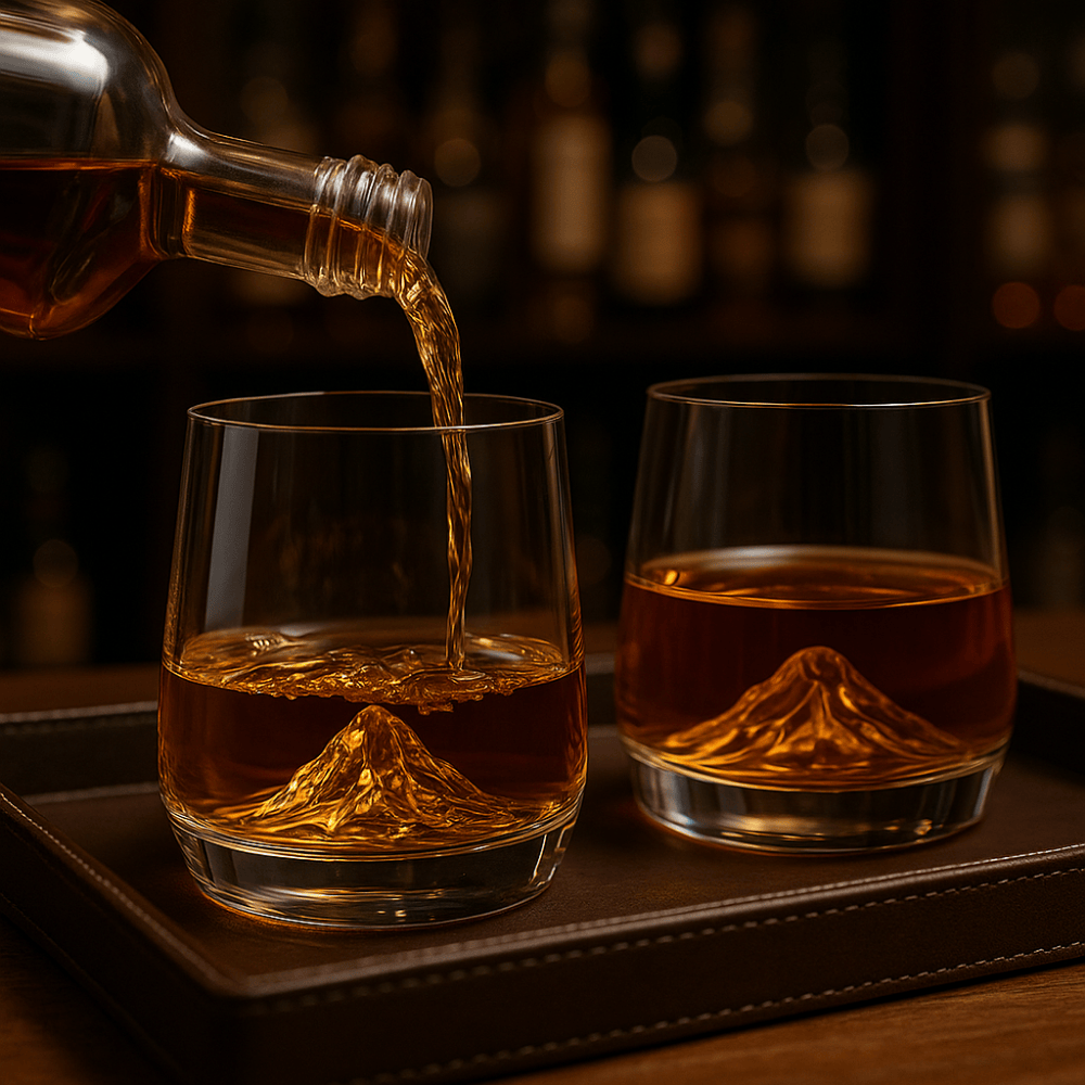 Set of 6 Mountain-Peak Whiskey Glasses – 3D Sculpted Base, Thick-Bottom Rocks Tumblers for Whisky, Bourbon, Cocktails & Juice | Lead-Free Clear Glass