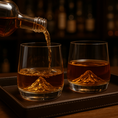 Set of 6 Mountain-Peak Whiskey Glasses – 3D Sculpted Base, Thick-Bottom Rocks Tumblers for Whisky, Bourbon, Cocktails & Juice | Lead-Free Clear Glass