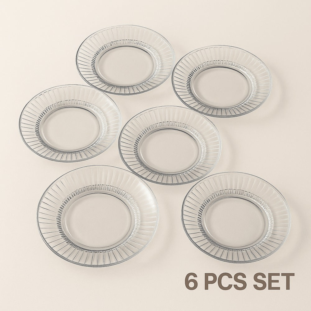 Glass Platter Set | 6-Piece Transparent Dinner Plates | Premium Ribbed Edge Design | Lead-Free Crystal Glass Tableware for Snacks, Desserts & Dining