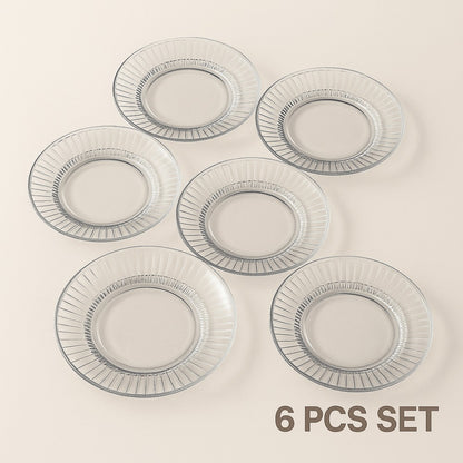 Glass Platter Set | 6-Piece Transparent Dinner Plates | Premium Ribbed Edge Design | Lead-Free Crystal Glass Tableware for Snacks, Desserts & Dining