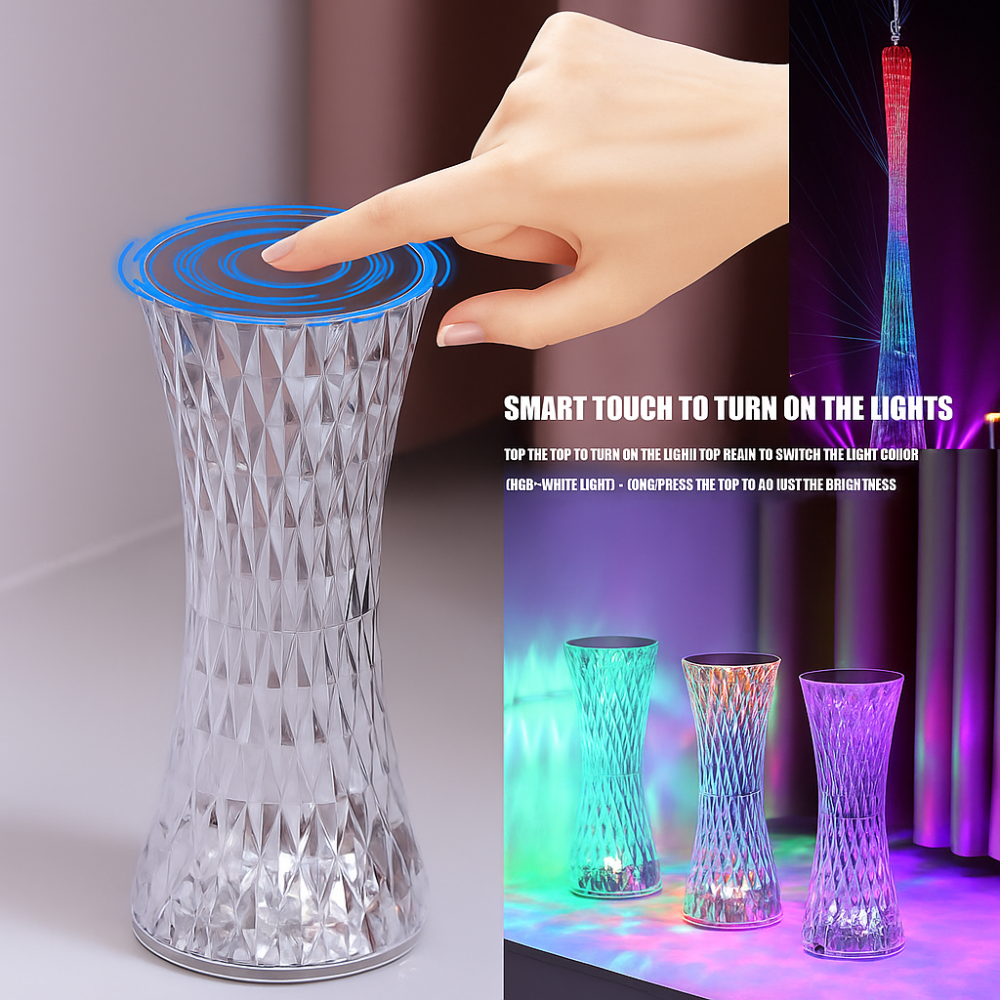 Crystal LED Hour-Glass Table Lamp | Diamond-Cut Acrylic RGB Mood Light | Rechargeable Portable Home Decor Lamp