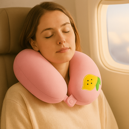 Premium Off-White Travel Neck Pillow with Lemon Patch – Soft Velvet Memory Foam for Flights & Comfort