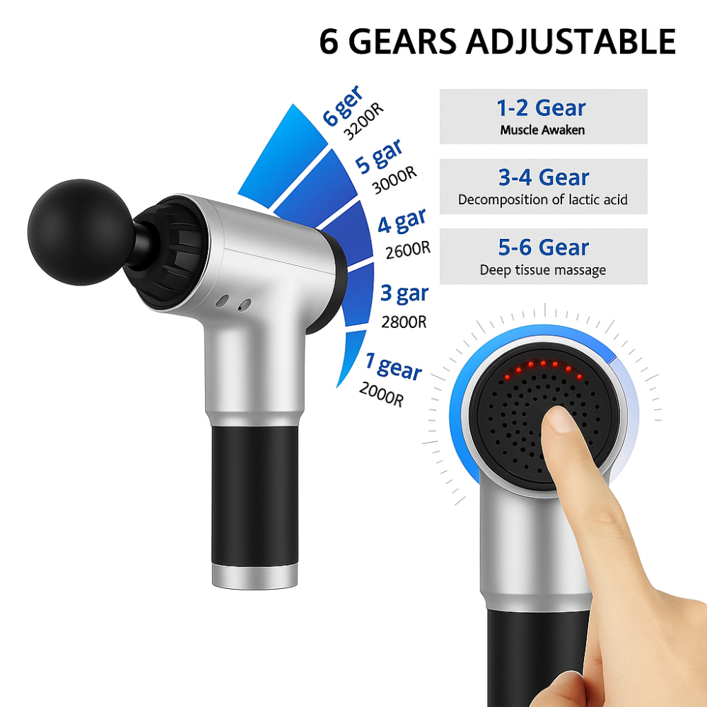 High-Performance Massage Gun – 6 Speed Deep Tissue Muscle Massager with 4 Heads | Silent Brushless Motor & 4-Hour Battery