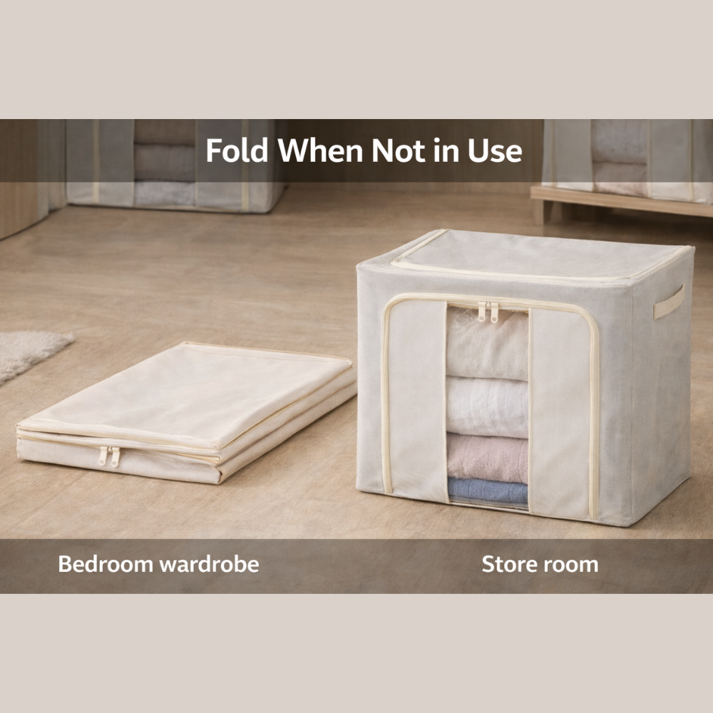 24 Liter Foldable Storage Organizer Box with Transparent Window & Zipper – Fabric Clothes Storage Bag for Wardrobe, Blanket, Saree, Bedding & Closet Organizer