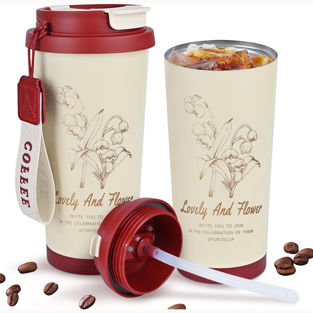 Reusable Insulated Coffee Tumbler with Strap Handle – Floral Design Travel Mug (Multiple Colors)