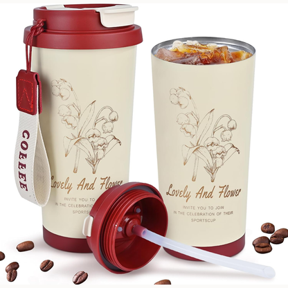 Reusable Insulated Coffee Tumbler with Strap Handle – Floral Design Travel Mug (Multiple Colors)