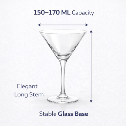 6 PCS Martini Glass Set – 150–170 ML Premium Clear Glass | Elegant Long Stem Cocktail & Mocktail Glasses | Crystal Clear, Stable Base | Party, Bar & Gifting Use
