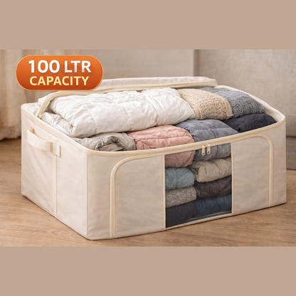 100 Litre Large Storage Organizer Box with Transparent Window & Zipper – Foldable Fabric Blanket, Clothes, Saree & Bedding Storage Bag for Wardrobe & Closet