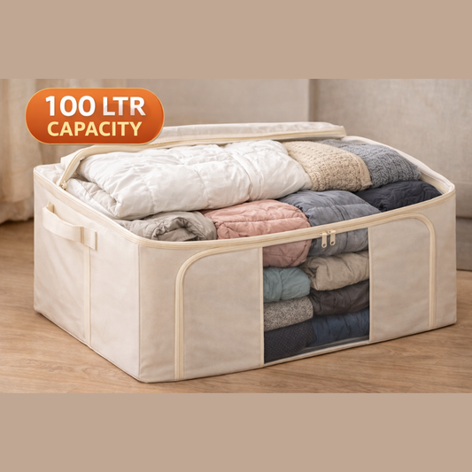 100 Litre Large Storage Organizer Box with Transparent Window & Zipper – Foldable Fabric Blanket, Clothes, Saree & Bedding Storage Bag for Wardrobe & Closet