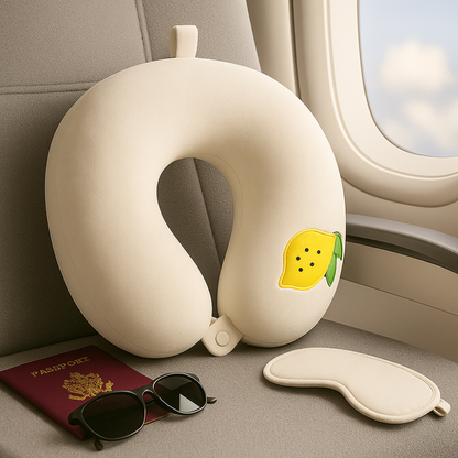 Premium Off-White Travel Neck Pillow with Lemon Patch – Soft Velvet Memory Foam for Flights & Comfort