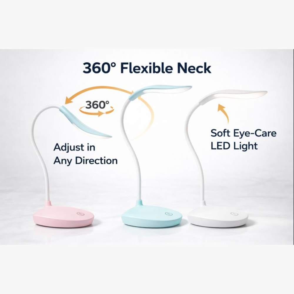 Modern LED Desk Lamp with Flexible Gooseneck – Eye-Caring Dimmable Bedside Reading Light – Portable Battery Powered Table Lamp for Study, Office, and Home Decor – Available in Pastel Pink, Sky Mint, & Minimal White