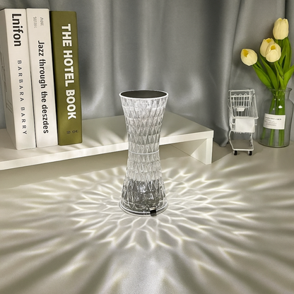 Crystal LED Hour-Glass Table Lamp | Diamond-Cut Acrylic RGB Mood Light | Rechargeable Portable Home Decor Lamp