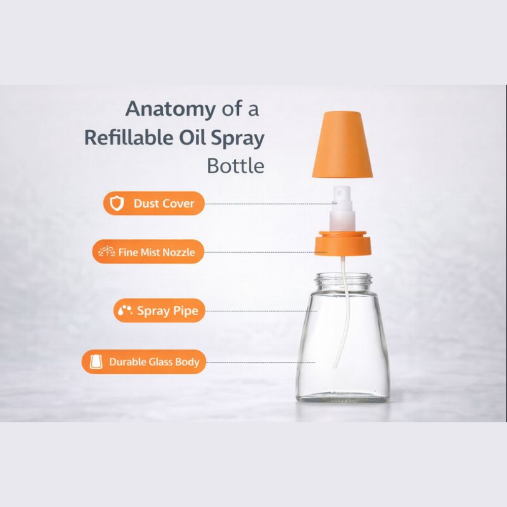 180ML Oil Spray Bottle for Cooking | Refillable Glass Oil Sprayer with Fine Mist Nozzle | Healthy Low-Oil Dispenser for Air Fryer, Pan, Salad & BBQ