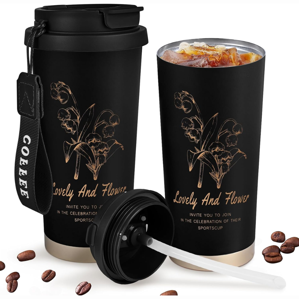 Reusable Insulated Coffee Tumbler with Strap Handle – Floral Design Travel Mug (Multiple Colors)