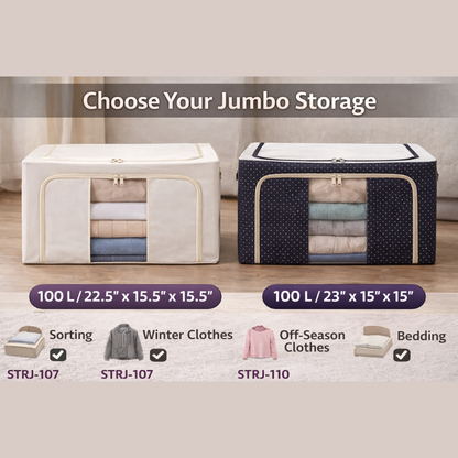 100 Litre Large Storage Organizer Box with Transparent Window & Zipper – Foldable Fabric Blanket, Clothes, Saree & Bedding Storage Bag for Wardrobe & Closet
