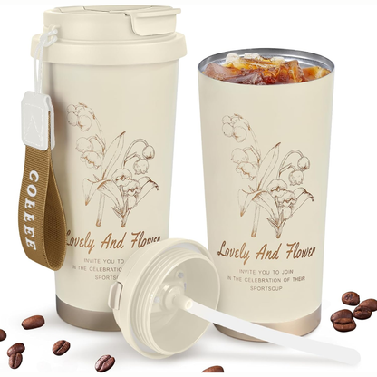 Reusable Insulated Coffee Tumbler with Strap Handle – Floral Design Travel Mug (Multiple Colors)