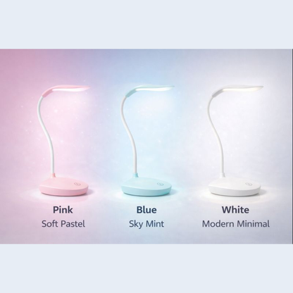 Modern LED Desk Lamp with Flexible Gooseneck – Eye-Caring Dimmable Bedside Reading Light – Portable Battery Powered Table Lamp for Study, Office, and Home Decor – Available in Pastel Pink, Sky Mint, & Minimal White