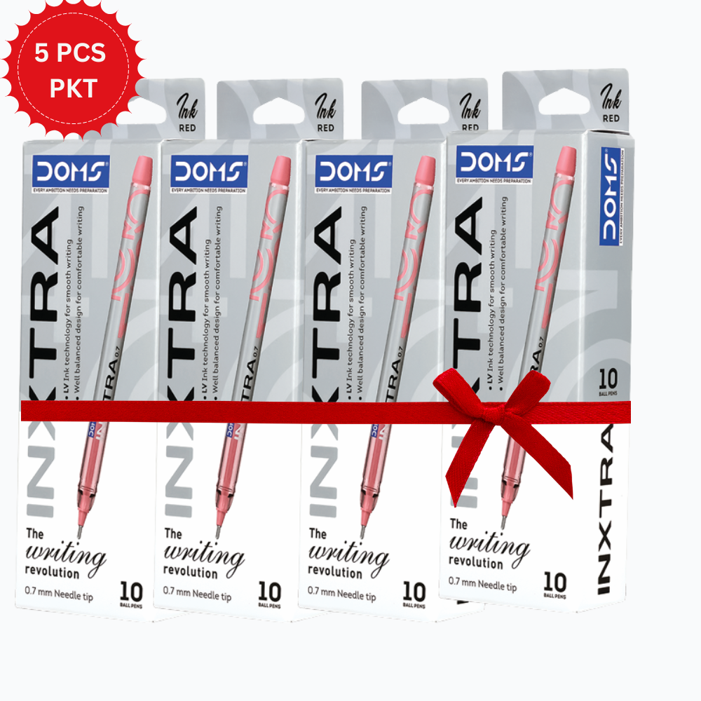 DOMS INXTRA Ball Pen – 5 PCS Pack | 0.7mm Needle Tip Blue , Red And Black Ink | Smooth Writing Pens (10 Pens Per Box)