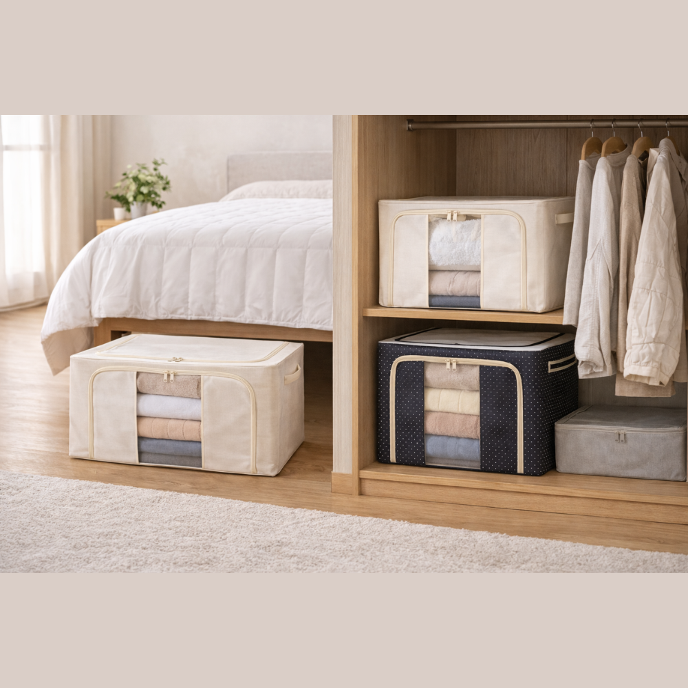 100 Litre Large Storage Organizer Box with Transparent Window & Zipper – Foldable Fabric Blanket, Clothes, Saree & Bedding Storage Bag for Wardrobe & Closet
