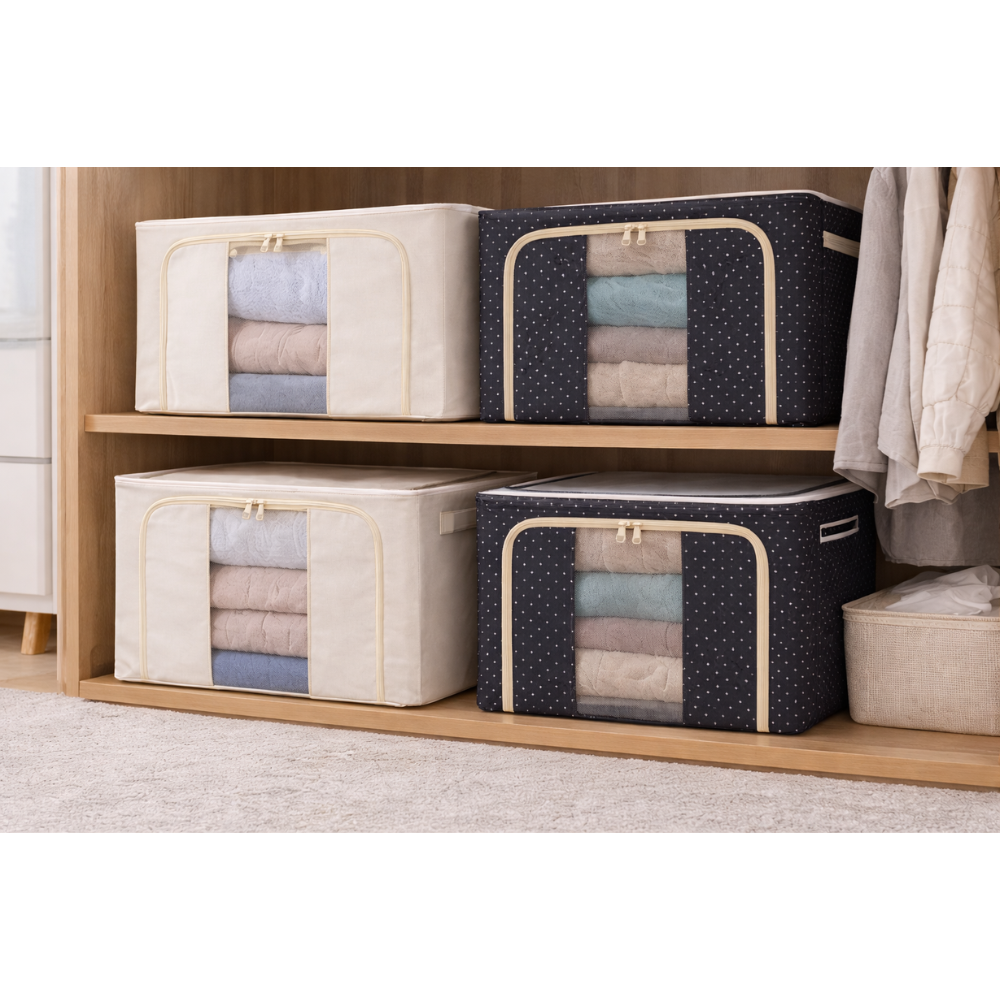 100 Litre Large Storage Organizer Box with Transparent Window & Zipper – Foldable Fabric Blanket, Clothes, Saree & Bedding Storage Bag for Wardrobe & Closet