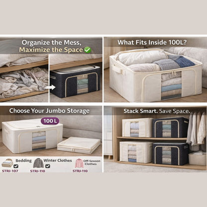 100 Litre Large Storage Organizer Box with Transparent Window & Zipper – Foldable Fabric Blanket, Clothes, Saree & Bedding Storage Bag for Wardrobe & Closet