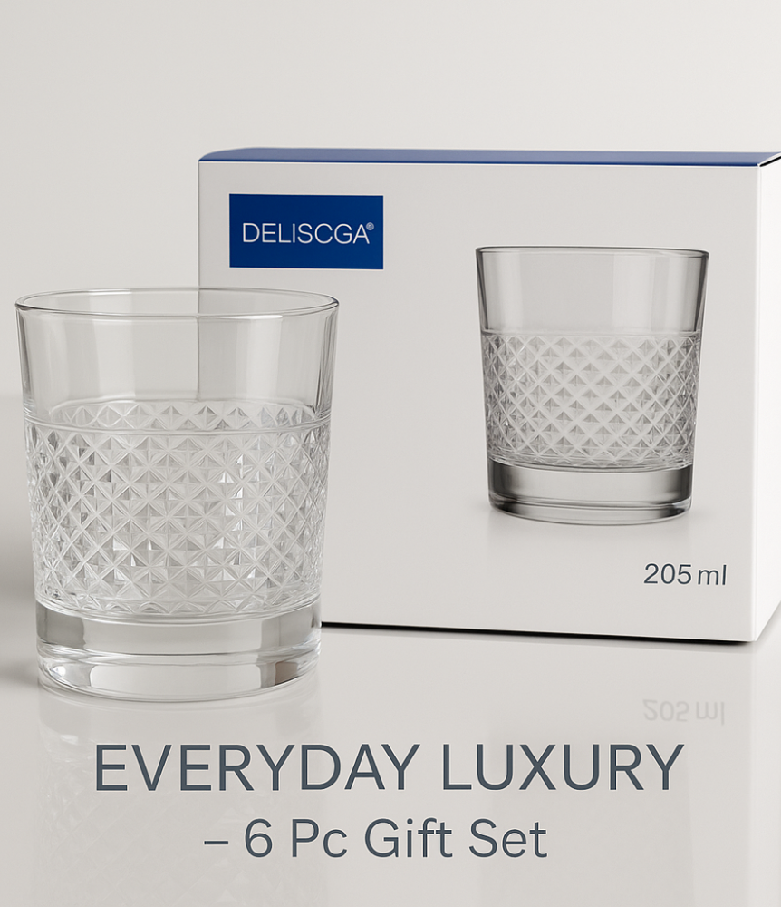 Delisoga Deli Glassware Set – 6 Pcs (205 ml) | Premium Diamond-Cut Drinkware for Juice, Whiskey & Cocktails | Elegant Everyday Glass Tumbler Set