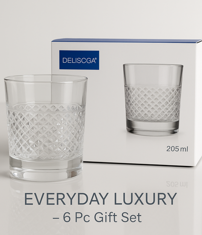 Delisoga Deli Glassware Set – 6 Pcs (205 ml) | Premium Diamond-Cut Drinkware for Juice, Whiskey & Cocktails | Elegant Everyday Glass Tumbler Set