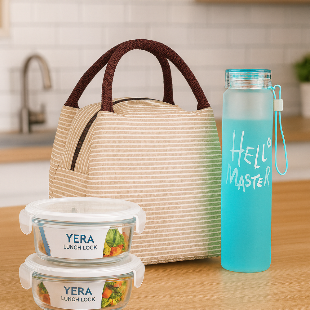 Premium Insulated Lunch Bag Combo – Blue Striped Cooler Tote with 2 Glass Containers & Hello Master Bottle (Lunch Set for Office & Travel)