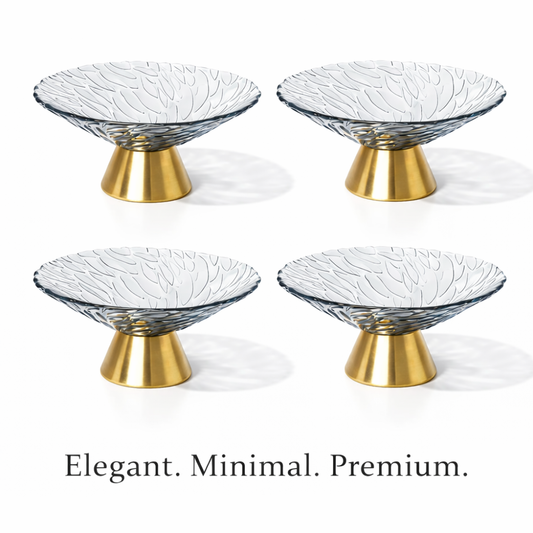 6 Inch Premium Glass Serving Bowl Set of 4 with Golden Metal Base – Decorative Dry Fruit, Fruit & Dessert Bowls for Dining, Festive Serving & Wedding Return Gift
