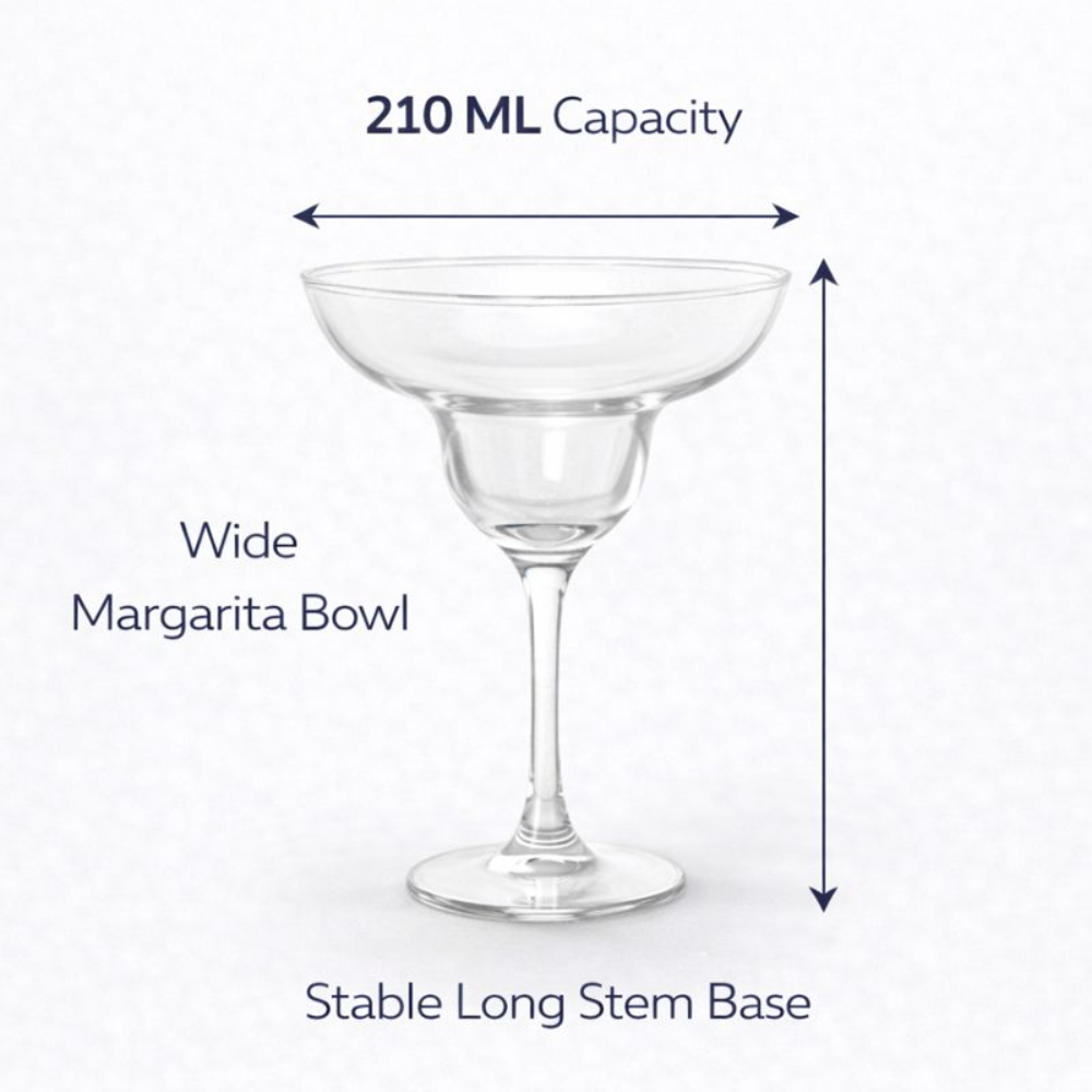 6 PCS Margarita Glass Set – 210 ML Premium Clear Glass | Wide Bowl Cocktail Glasses with Long Stem | Crystal Clear, Stable Base | Margaritas, Cocktails & Party Glassware