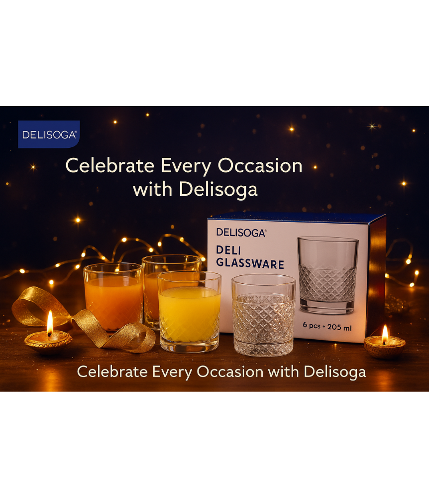 Delisoga Deli Glassware Set – 6 Pcs (205 ml) | Premium Diamond-Cut Drinkware for Juice, Whiskey & Cocktails | Elegant Everyday Glass Tumbler Set