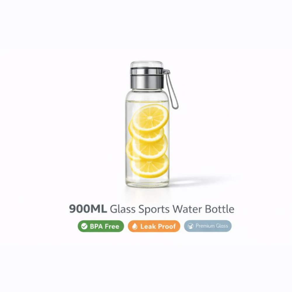 900ML Glass Sports Water Bottle with Steel Lid | BPA-Free Leak-Proof Detox Bottle | Premium Glass Hydration Bottle for Gym, Office, Travel & Daily Use
