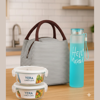 Premium Insulated Lunch Bag Combo – Blue Striped Cooler Tote with 2 Glass Containers & Hello Master Bottle (Lunch Set for Office & Travel)