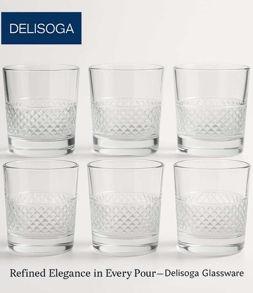 Delisoga Deli Glassware Set – 6 Pcs (205 ml) | Premium Diamond-Cut Drinkware for Juice, Whiskey & Cocktails | Elegant Everyday Glass Tumbler Set