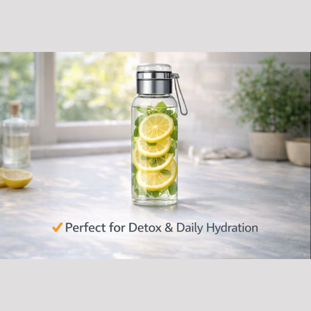 900ML Glass Sports Water Bottle with Steel Lid | BPA-Free Leak-Proof Detox Bottle | Premium Glass Hydration Bottle for Gym, Office, Travel & Daily Use