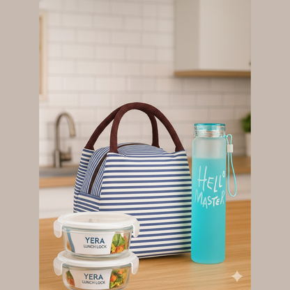 Premium Insulated Lunch Bag Combo – Blue Striped Cooler Tote with 2 Glass Containers & Hello Master Bottle (Lunch Set for Office & Travel)