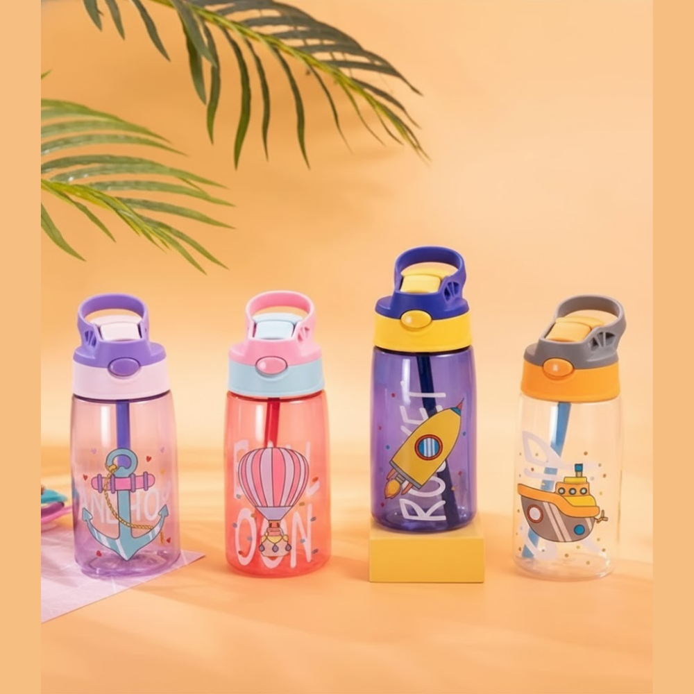 Kids Water Bottle with Straw & Flip Lock Lid | Leak-Proof BPA-Free Sipper Bottle for School, Travel & Outdoor | Cartoon Printed Toddler Sipper with Carry Handle – 550ml