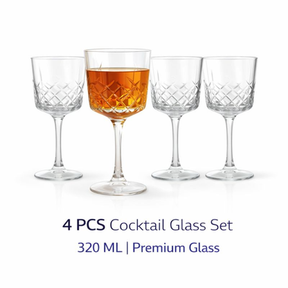 4 PCS Cocktail Glass Set – 320–340 ML Premium Diamond-Cut Glass | Elegant Long Stem Wine & Cocktail Glasses | Crystal Clear, Stable Base | Party, Home Bar & Gifting