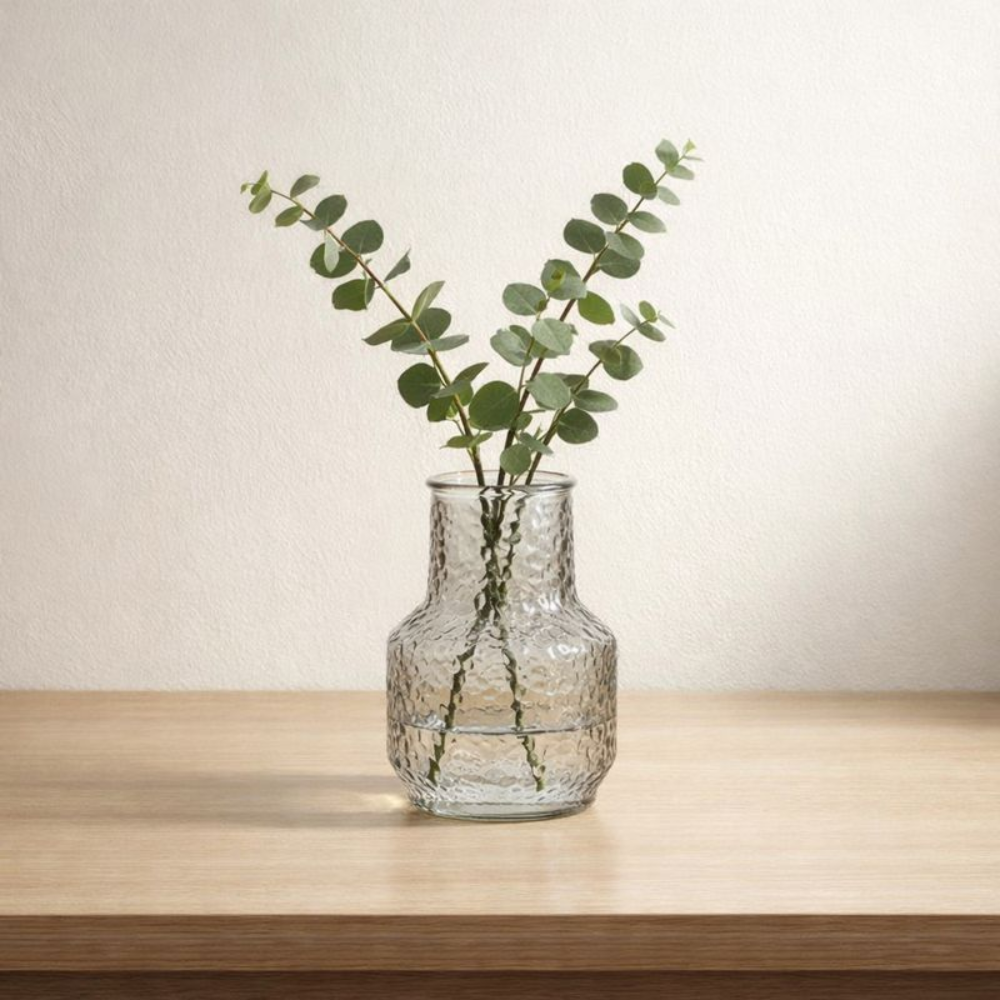 8 Inch Textured Glass Flower Vase for Home Decor | Premium Decorative Vase for Living Room, Dining Table & Gifting | Clear & Green Finish