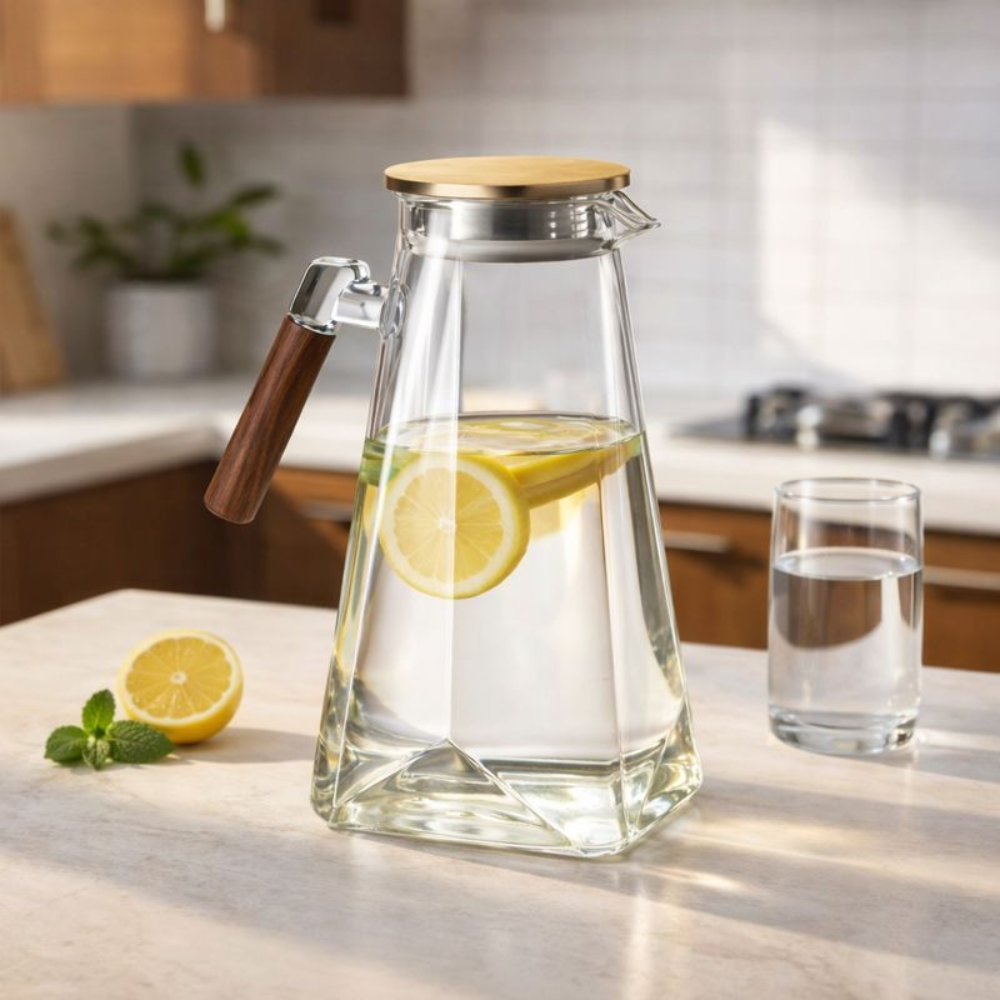 Premium Glass Water Jug 2 Litre with Wooden Handle | Lemon Water, Juice & Iced Tea Pitcher | Easy Pour Spout | Transparent Glass Carafe for Home & Dining