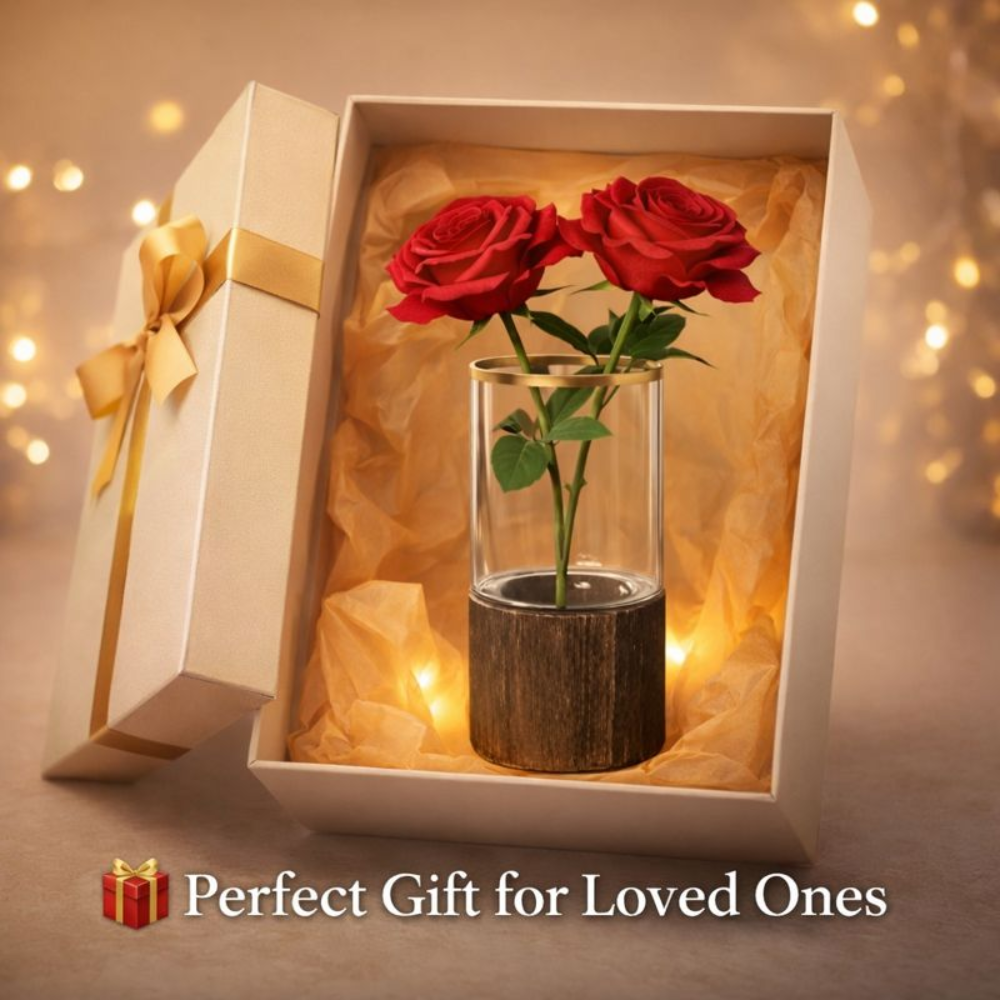 Premium Artificial Red Rose with Glass Vase & Wooden Base – 8 Inch Elegant Home Décor Showpiece for Living Room, Office & Gifting