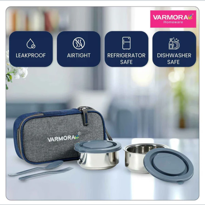 Varmora SS | Insulated Stainless Steel Lunch Box With 2 Containers | Lunch Bag Included | Airtight & Leak-Proof