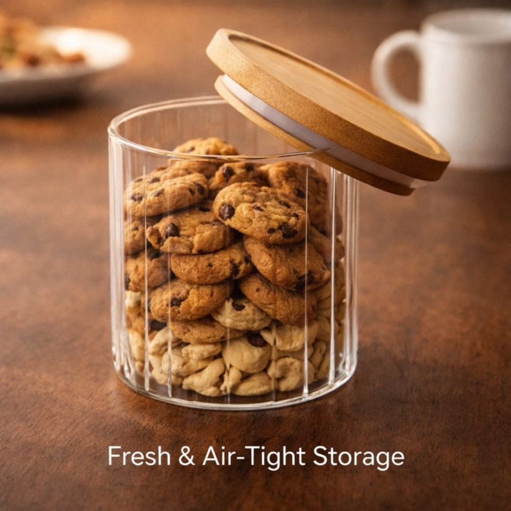 Aesthetic Ribbed Glass Storage Jar 1 PCS with Airtight Natural Wood Lid – Modern Fluted Pantry Canister for Cookies, Nuts, and Kitchen Organization.